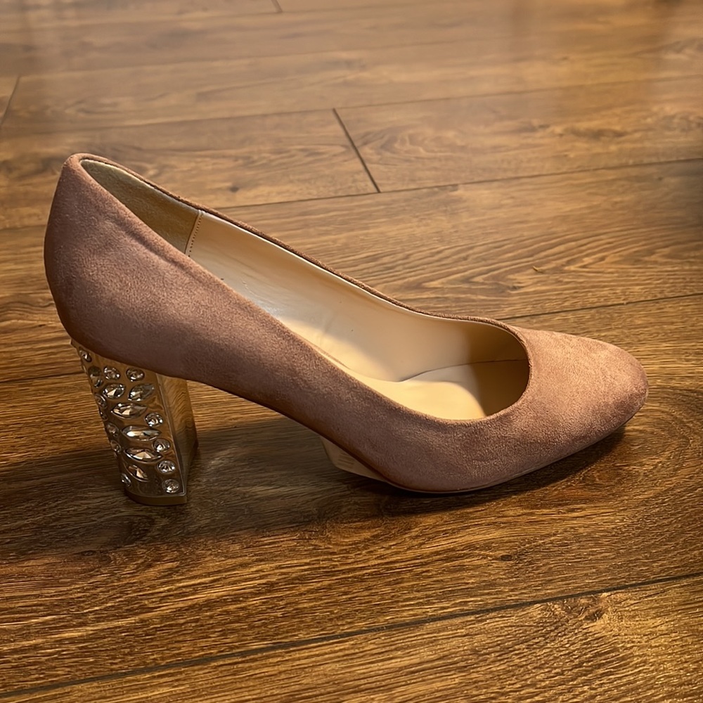 Le Chateau Suede shoe with silver crystals on the heel. US 9.